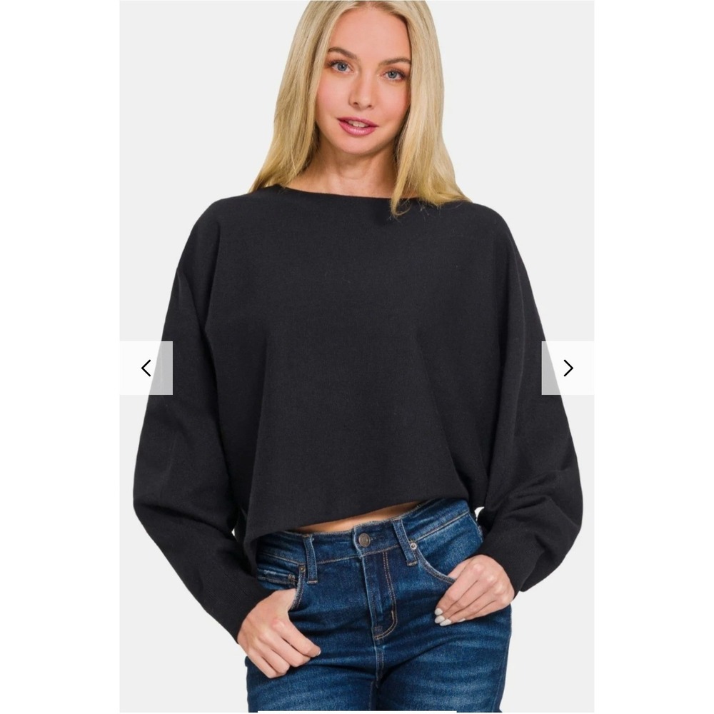 Zenana Black Asymmetric Hem Cropped Sweater